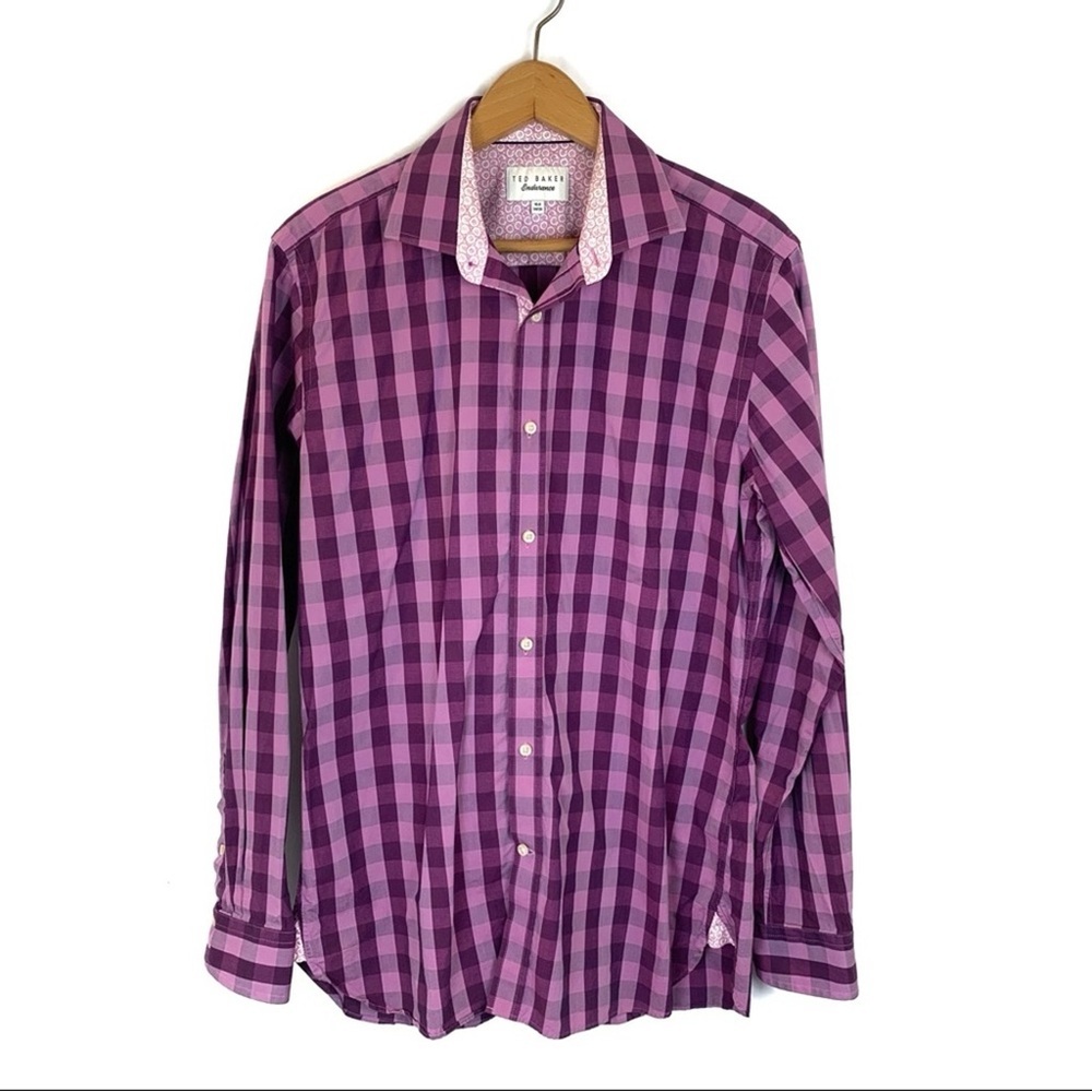 Ted Baker Endurance Flip Cuff Dress Shirt Purple Gingham Check Plaid Sz 16 32/33